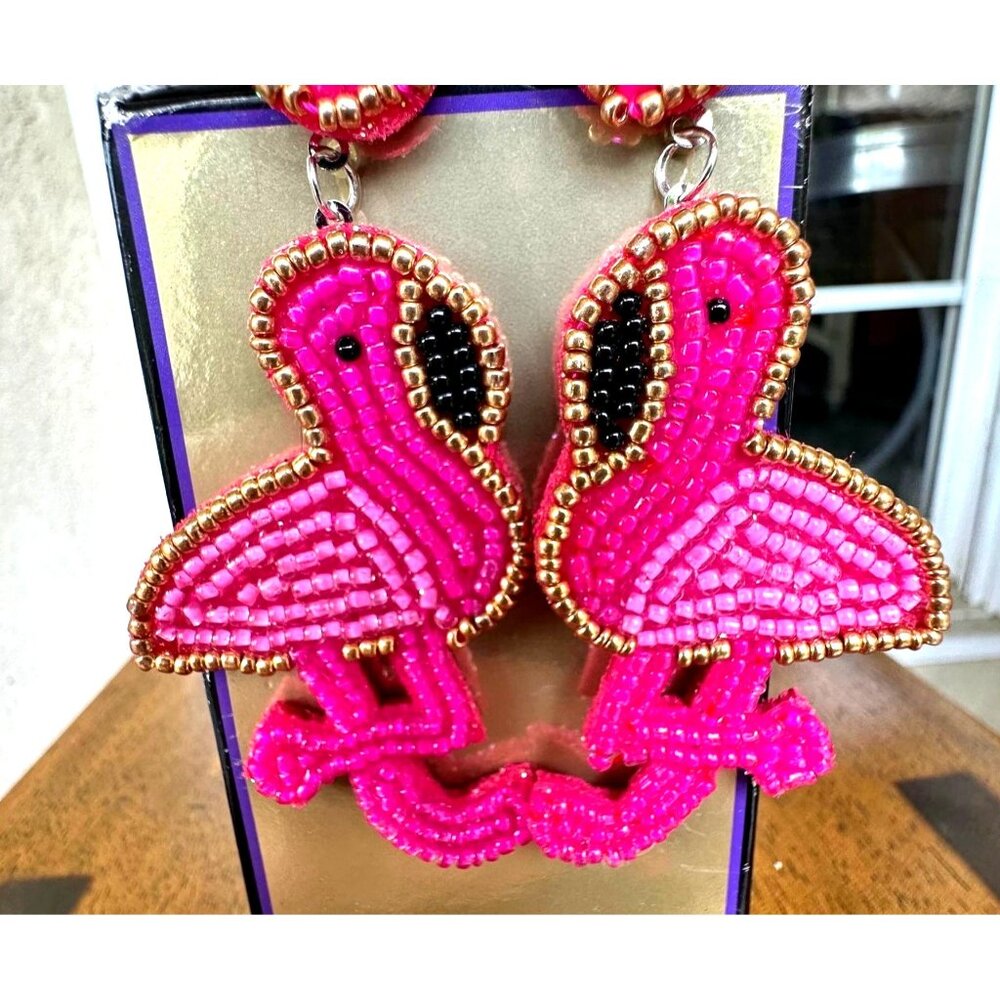 Flamingo Earrings Beaded Dangle Post  New Pink Statement Jewelry Caribbe… - Picture 9 of 12